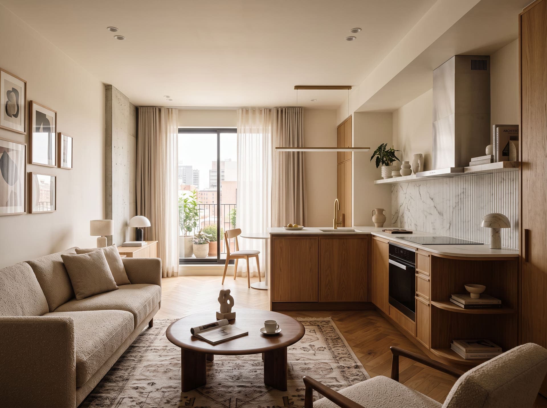 Modern bir dairenin salon ve mutfak alanı